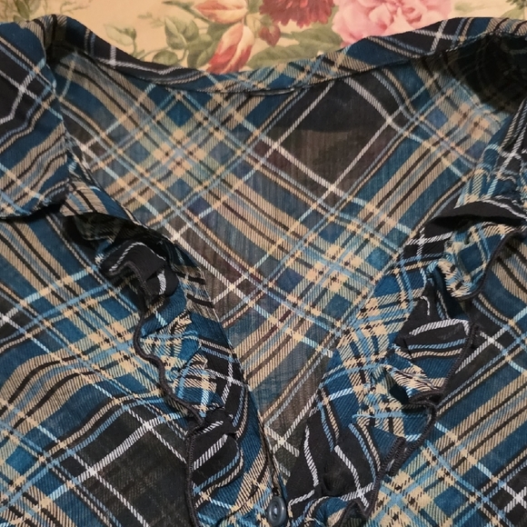 Blue Plaid Ruffle Button-Front Top - Picture 4 of 8